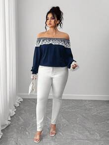 SHEIN CURVE+ Plus Size Costura Contraste Cor Renda Renda Simples Moda Estilo Comunhão Saindo Elegante Cor Sólida Moletom Feminino - Azul marinho - Ver 6