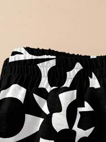 EMERY ROSE 女式黑白几何松紧腰阔腿休闲印花裤，秋冬 - 白色 - 查看 5