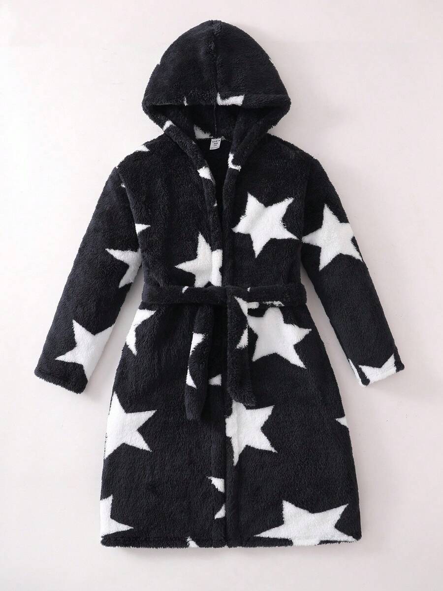 Boys' Navy Blue Minimalist Star Print Long Sleeve Hooded Robe, Suitable For Home, Party, Autumn/Winter Fall - Blue and White - View 1