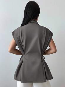 Firerie Ladies New Casual Elegant Versatile Metal Button Linen Brown Thin Suit Jacket/Imitation Linen Suit Jacket/Pleated Tie Top/Business Casual Woman/Teacher Outfits For Women/Vintage Clothes Women/,Fall - Grey - View 3