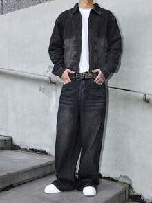 Manfinity EMRG 男士黑色牛仔两件套，拉链牛仔夹克和宽松阔腿裤，秋冬男士阔腿黑色牛仔裤 - 黑色 - 查看 6