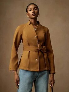 Lyxana Women's Elegant Solid Color Metal Buckle Waist Belt Woolen Coat - Brown - View 5