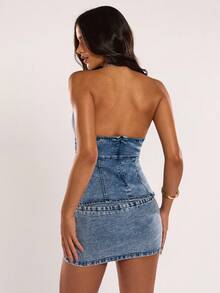 SHEIN BAE Women's Solid Color Halter Backless Fitted Denim Sleeveless Top - Light Wash - View 2