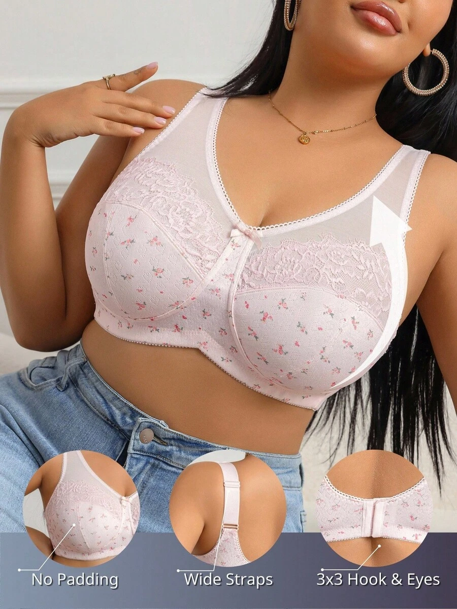 SHEIN 1pc Plus Size Women Lace Patchwork Comfortable Underwire Bra - Baby Pink - View 1