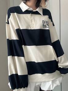 FRIFUL 女式撞色领口条纹字母印花宽松运动衫，秋季 - 藏蓝色 - 查看 5