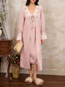 Côtesoire Französisches romantisches, elegantes Spitzen-Patchwork Damen Nachtwäsche Set, Herbstkleidung - Altrosa - Übersicht 5