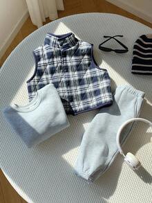 3 件套男婴/女婴休闲舒适百搭圆领运动衫 + 运动裤套装，厚绗缝背心夹克分层运动服，秋冬 - 彩色 - 查看 8