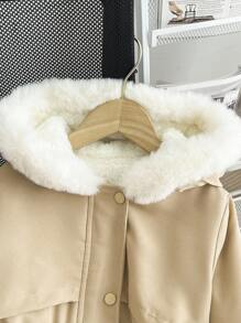 女童冬季新款拉链连帽仿毛领棉质外套，字母刺绣，修身腰部，罗纹袖口，时尚保暖加厚羽绒服，休闲百搭秋季外套 - 卡其色 - 查看 6