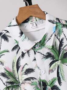 SHEIN 青少年男孩棕榈树印花短袖休闲纽扣衬衫，夏季 - 綠色 - 查看 5