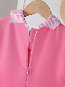 1 pezzo Abito a maniche lunghe con colletto, fiocco decorativo e chiusura lampo sul retro, in stile patchwork bianco e rosa, look college dolce, adatto a ragazze, per primavera/autunno, per il ritorno a scuola, per occasioni quotidiane - Rosa - Visualizzare 4