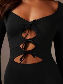 Athîral Women's Fashionable Sexy Solid Color Hollow Out Bodycon Dress Black Cut Out Dress Long Bodycon Dress Cut Out Dress For Women Tight Long Dress Hollow Out Dress