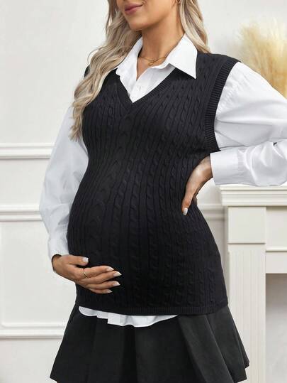 SHEIN Maternity Cable Knit V-Neck Solid Color Sleeveless Sweater Vest, Long Fitted Pullover Sweater Vest