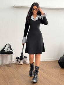 Women's Casual Commuter Striped Patchwork Mini Dress - Black - View 5
