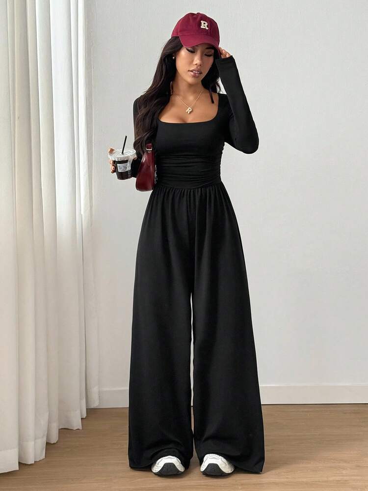 Flirla Women's Casual Solid Color Square Neck Long Sleeve Wide Leg Jumpsuit