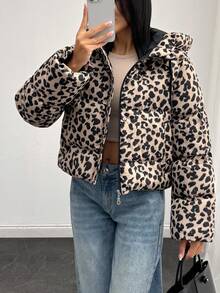 EURMUSE Wild Cozy Luxe Leopard Puffer – 仿毛领街头风冬季外套 - 彩色 - 查看 4