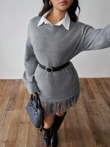 Rafferiza Women's Grey Blogger-Style Loose Knit Sweater With Tassel Design,Autumn Casual Everyday Fall Winter Pullover For Elegant Fashionable Office Commuting - Grey - View 7