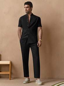 HIMLAND 2 件男士休闲梭织纯色修身常规肩短袖衬衫和中腰锥形腿长裤，适合日常穿着 - 黑色 - 查看 5