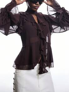 LYSMO 2025新款极简风女士优雅通勤纯色荷叶边喇叭袖衬衫，万圣节/圣诞节/圣诞夜惊魂/派对棕色优雅乡村音乐会 - 咖啡棕 - 查看 2