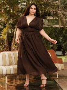 Anewsta Women Plus Size V-Neck Ruched Raglan Sleeve Cinched Waist Long Vacation Beach Dress