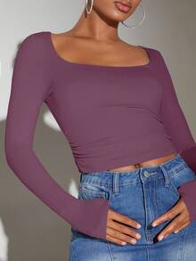 SHEIN BAE Women's Casual Solid Color Long Sleeve T-Shirt, Versatile For Winter - Dusty Purple - View 4