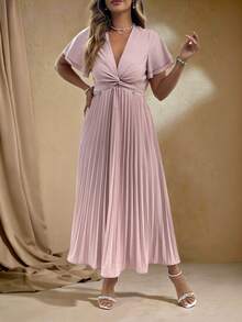 Roveilla 大码女式优雅 V 领短袖褶皱腰 A 字褶皱连衣裙