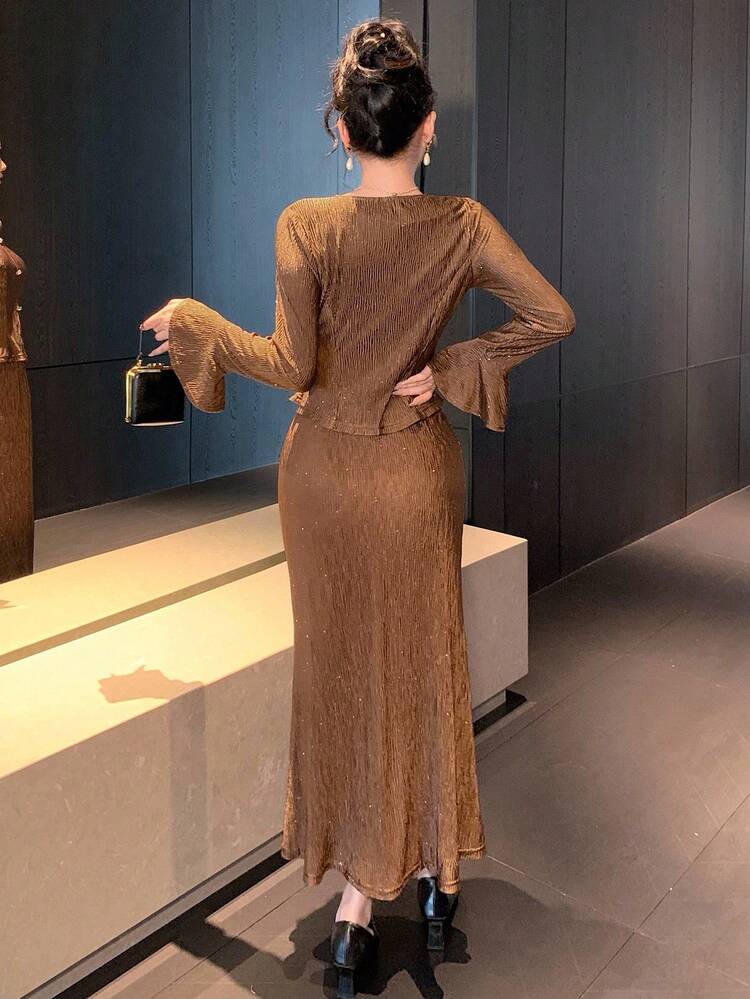 Women's Sequin V-Neck Cardigan Top And Skirt 2 Pieces Set, Autumn