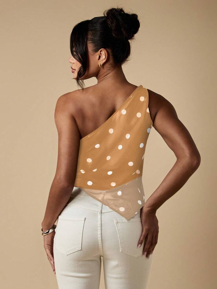 MISSGUIDED Elegant One Shoulder Polka Dot Bodysuit Asymmetric Hem Evening Party Club Night Out Dancing Casual Summer Spring Top