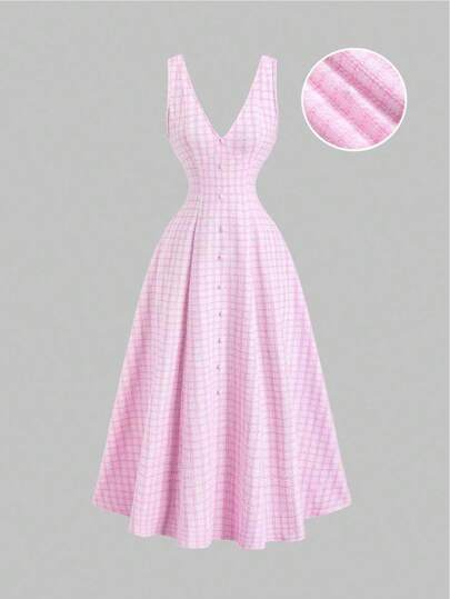 Sweetra 迷人优雅性感 V 领修身喇叭下摆纽扣装饰格子无袖长裙女式