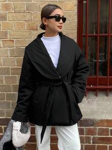 DAZY Patchwork Fluffy Collar Oblique Placket Thickened Thermal Lined Padded Coat For Women, Autumn/Winter Jacket - Black - View 7