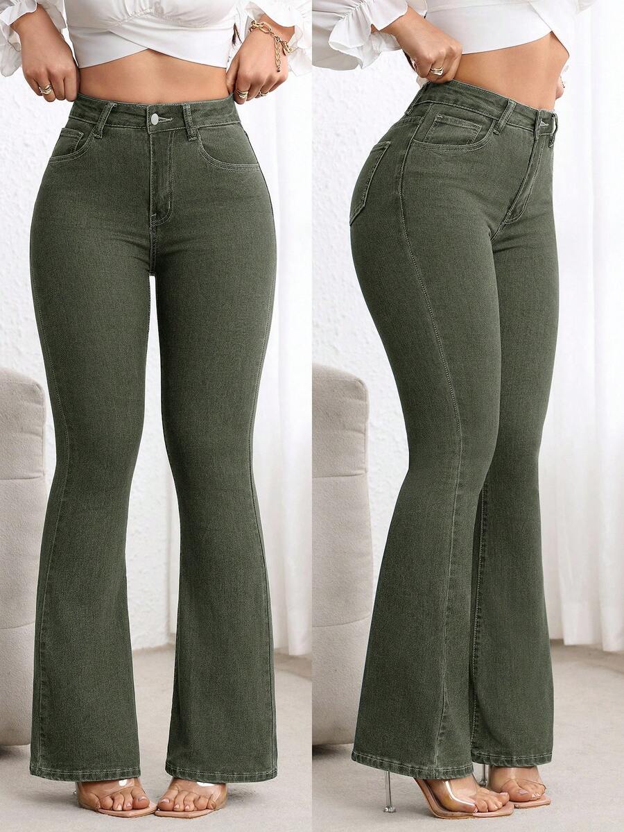 SHEIN PETITE Women's Casual Washed Slim Fit Flare Jeans - Green - View 1