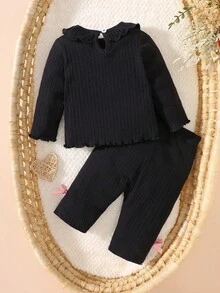 SHEIN Set Atasan dan Celana Lengan Panjang Leher Bulat Katun Lembut untuk Bayi Baru Lahir, Nyaman dan Ramah Kulit, Musim Gugur/Musim Dingin - Hitam - View 3