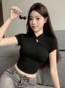 DAZY Women's Solid Color Stand Collar Hollow Out Short Sleeve T-Shirt - Black - View 2