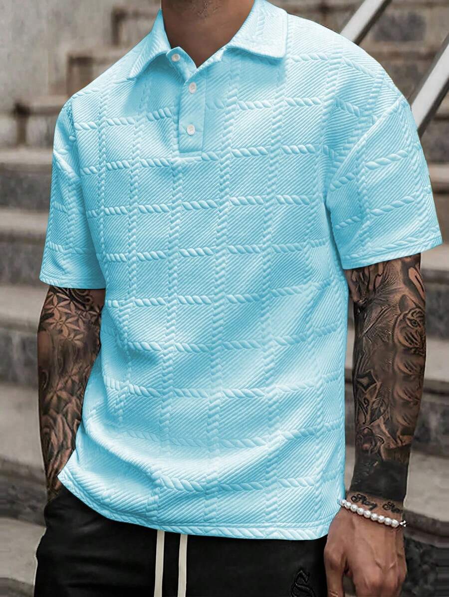 Manfinity Homme Áo thun polo tay ngắn họa tiết trơn màu thường ngày dành cho nam, mùa hè - Màu xanh ngọc - Xem 1