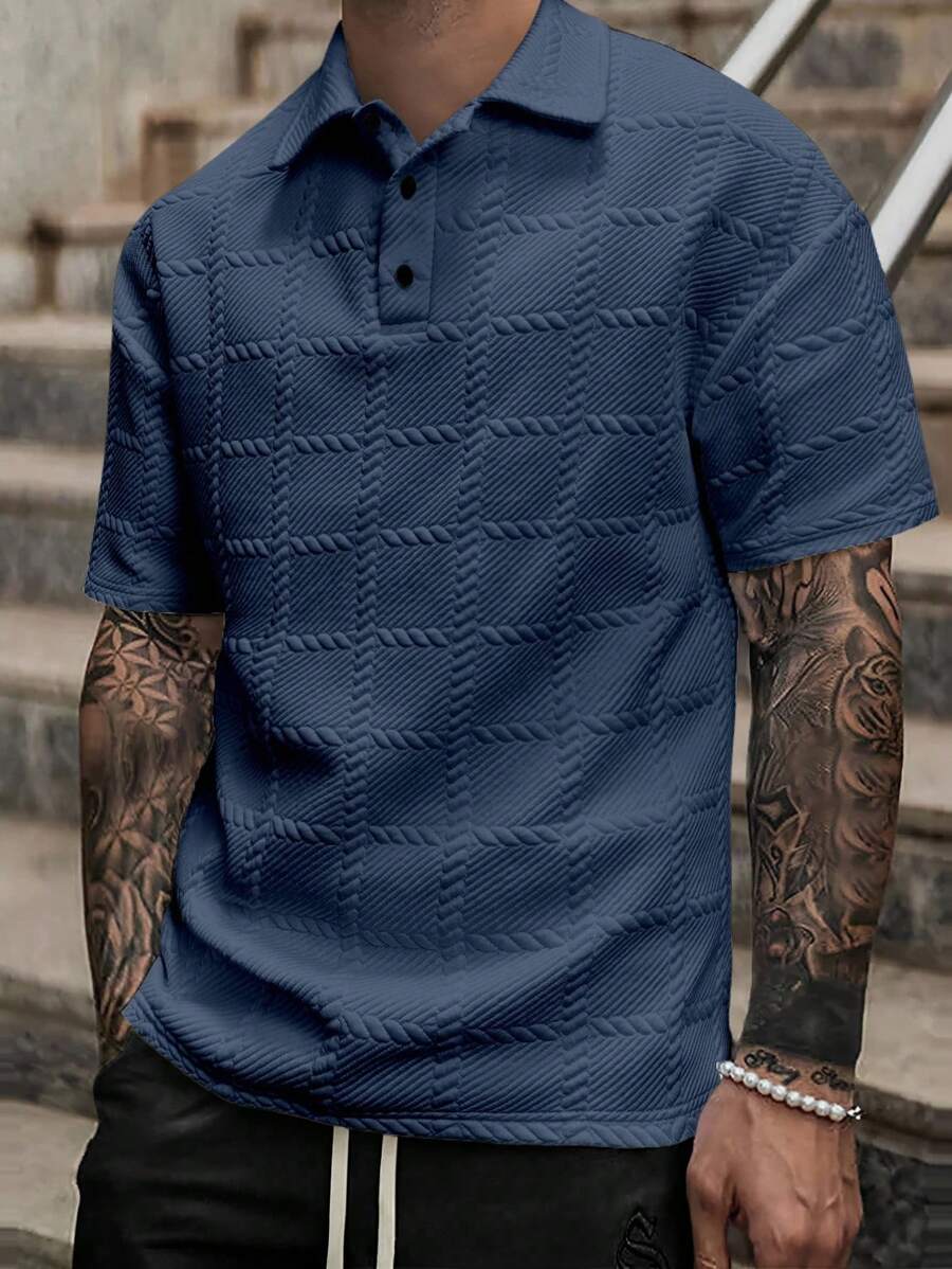 Manfinity Homme Men's Casual Solid Color Textured Short Sleeve Polo Shirt, Summer - Dusty Blue - View 1