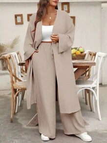 EMERY ROSE Ensemble 2 pièces grande taille, chemise longue cardigan et pantalon droit. Tenue décontractée pour les vacances - Kaki - Voir 3