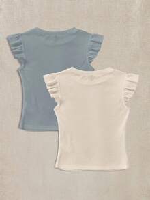 SHEIN EZwear 2pcs Set Hazy Blue & Apricot Ribbed Fabric Round Neck Tight Fit Short Cap Sleeve T-Shirt, Suitable For Summer - Multicolor - View 2