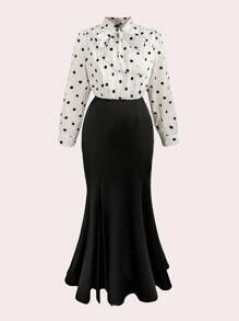 SHEIN Clasi Plus Size Women's Polka Dot Tie Bow Splice Solid Color Split Fishtail Maxi Elegant Dress Fall Cloth For Women - Black - View 3