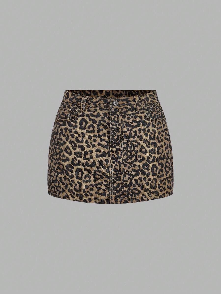 SHEIN Frenchy 女士时尚豹纹牛仔迷你裙，夏季 - 彩色 - 查看 1