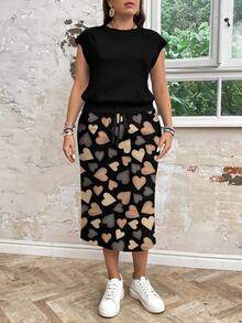 SHEIN LUNE Casual Loose Fitting Contrast Color Heart Print 2pcs Outfit, Comfy Streetwear For Plus Size Women, Suitable For Autumn/Winter,Summer Outfits For Women