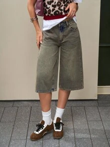 Jeanoix Women's Loose Fit Pocketed Wide Leg Capri Jeans - Blue - View 1