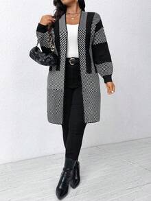 SHEIN PETITE CURVE Plus Size Women Striped Long Sleeve Open Front Casual Knit Cardigan, Autumn Winter Fall - Black - View 8