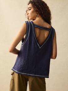 SoleilVie 女式圆领镂空后背拼色条纹设计宽松休闲背心 - 藏蓝色 - 查看 2