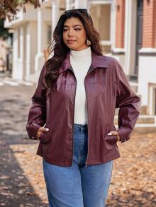 Vionelle 大码女式法式休闲针织纹理长袖夹克大码皮夹克女士皮夹克大码机车夹克女士大码夹克大码摩托车夹克 - 酒紅色 - 查看 8