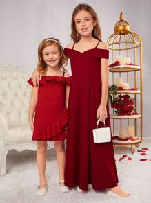 SHEIN Serisse Kids Tween Girl Elegant & Glamorous Off-Shoulder Strap Party Dress