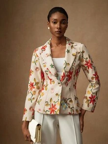 Lyxana 1 Áo khoác Blazer nữ thêu lưới thanh lịch cài một nút - Màu be - Xem 7