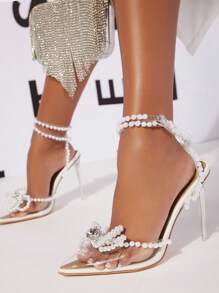 Hauture Women Shoes Pearl Decor Ankle Strap Closed Pointy Toe Stiletto Thin High Heeled Sexy Elegant Party TPU Nude Clear Heels - White - View 1