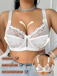 DesireSculpt 1pc Plus Size Lace Patchwork Underwire Bra, Lift - White - View 4