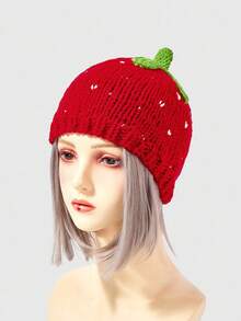 ROMWE Kawaii 1pc Cute Strawberry Heart Polka Dot Knit Beanie, Sweet Fruit Color Block Warm Slouchy Hat, Fashionable Versatile Accessory - Multicolor - View 2