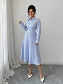 Elenzga 女士编织优雅长款秋季连衣裙 - 藍色 - 查看 3