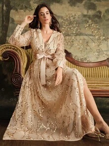 Anewsta Váy dài thắt eo thêu sequin cổ chữ V thanh lịch, váy dài lãng mạn dành cho nữ, phù hợp cho mùa thu, đông, năm mới, tiệc tùng, đám cưới - Rượu sâm banh - Xem 5